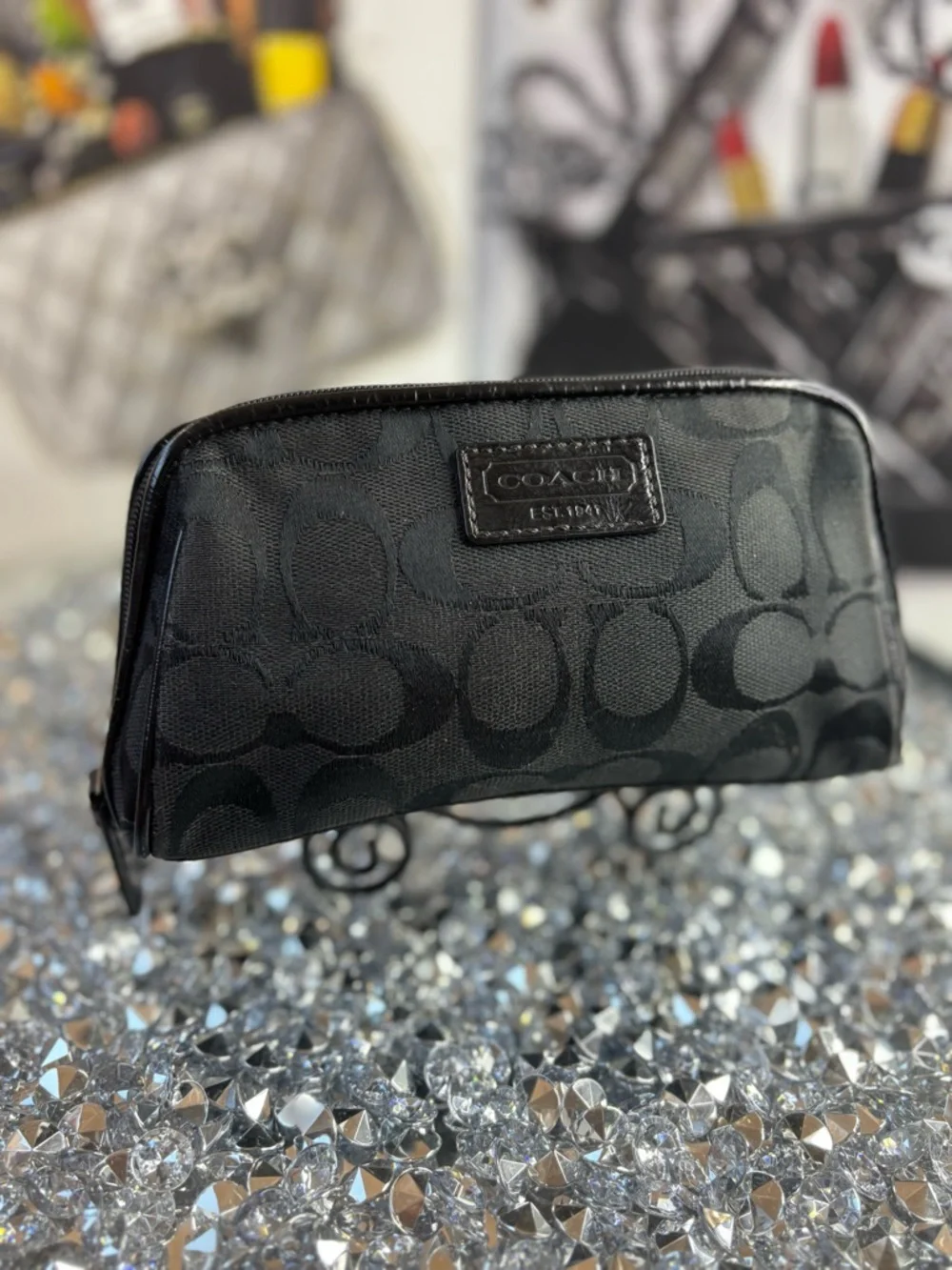 Coach Black Signature Jacquard Cosmetic Pouch - Picture 1 of 10
